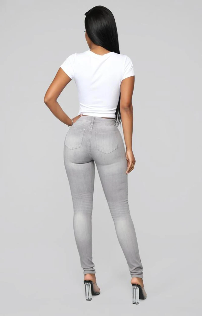 OEM Wholesale High Waist Skinny Stretch Grey Denim Pocket Women's Jeans Spring
