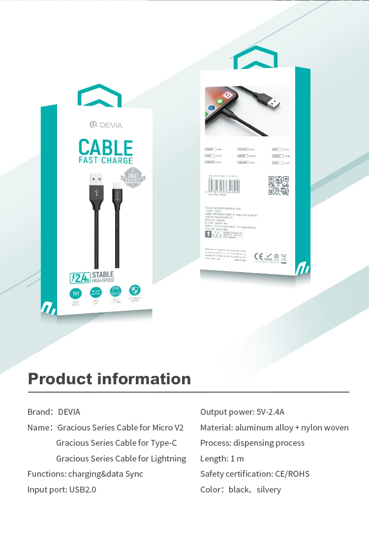 Devia Cheap Fast 2.4A Current USB Data transfer sync charger cable for IOS 6 7 8 9 X XR Type C Android - ANKUX.COM