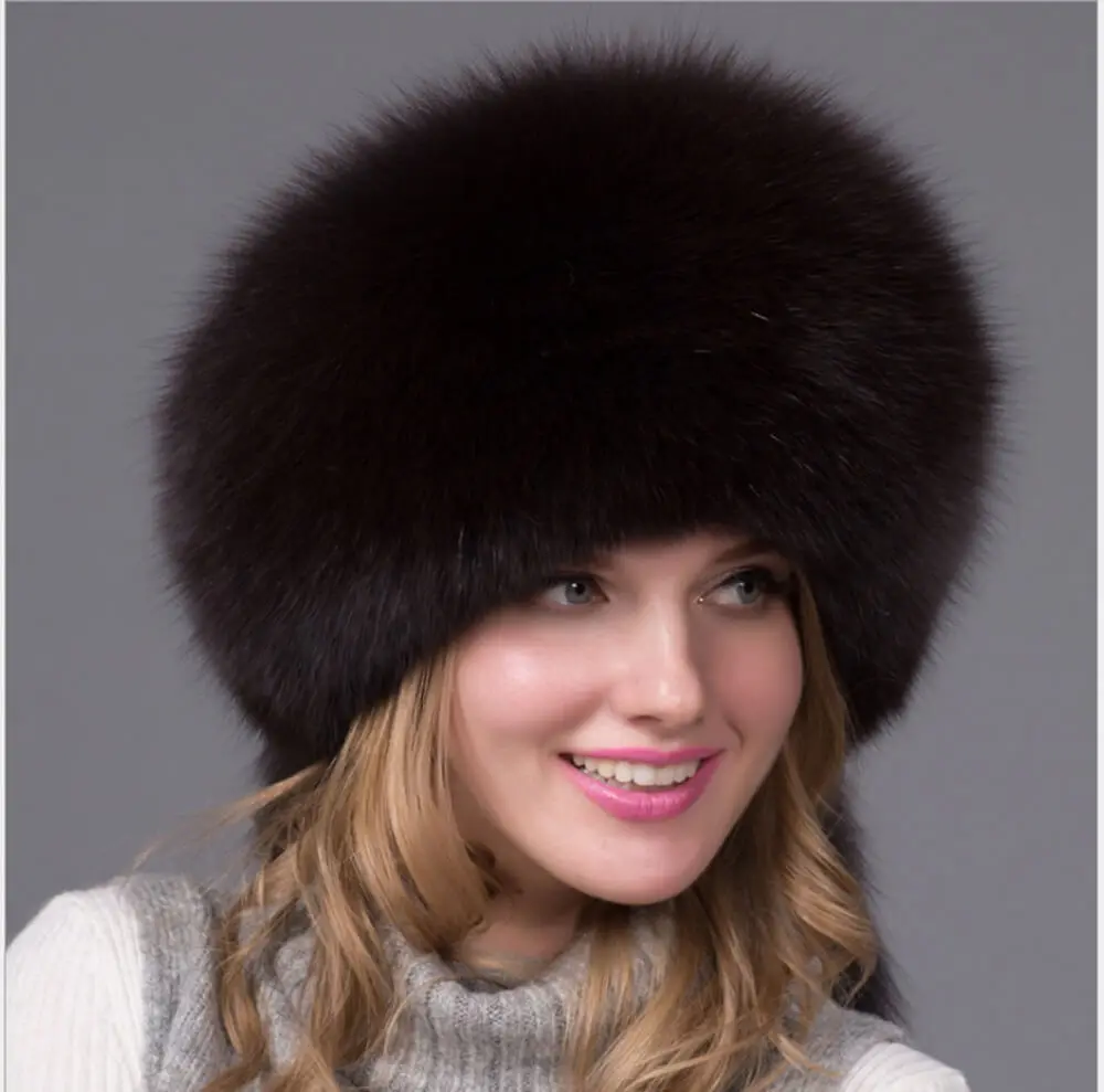 Black Fox Fur Hat Snow Caps Animal Skin Hat Winter Fur Hats For Ladies ...