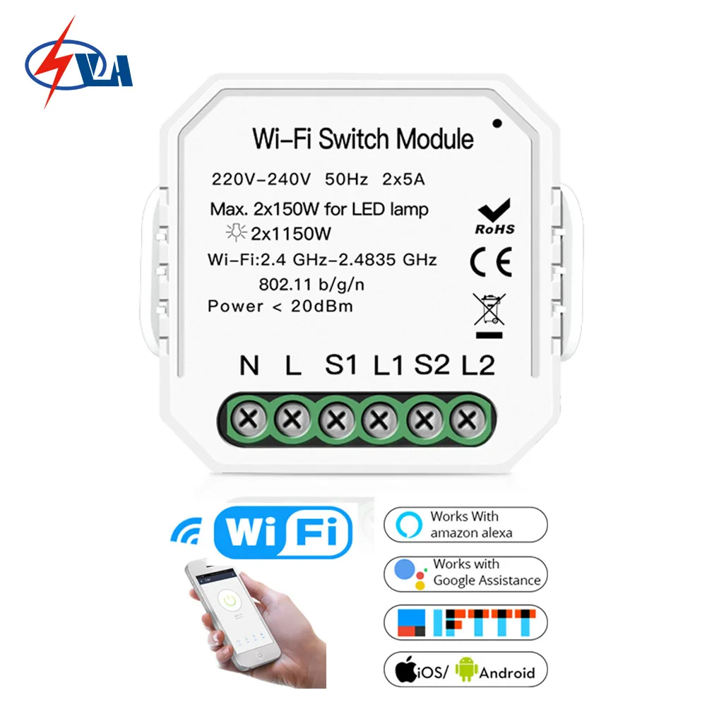 Mini WiFi RF433 Smart Light Switch, Bluetooth pairing 2way MOES for push rocker switch socket, Tuya Smartlife APP remote control
