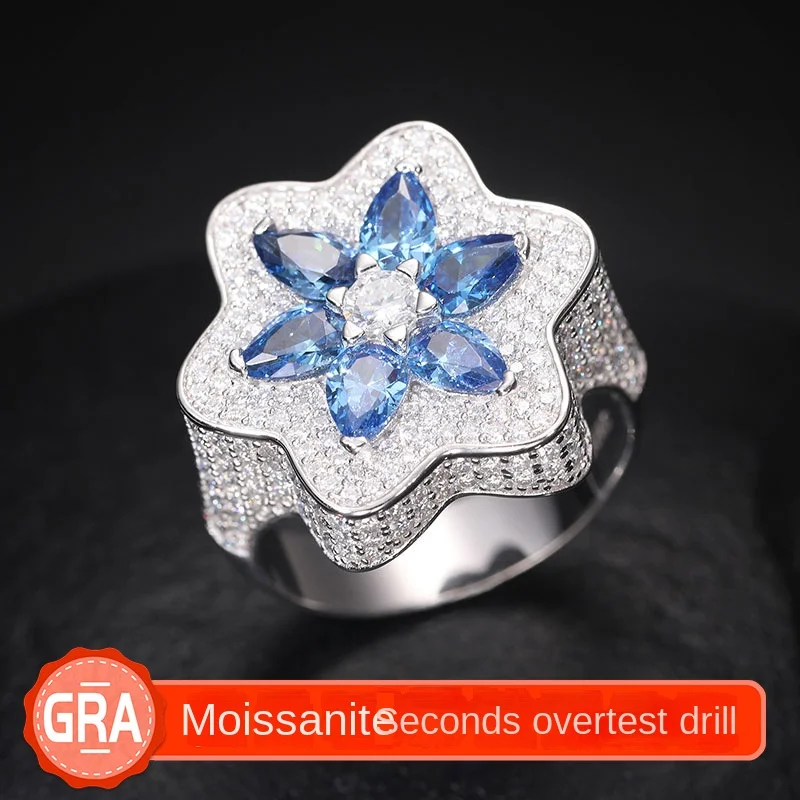 S925 Silver Moissanite Ring for Men Flower Shape with Super Flash Diamond Hip-Hop Style All-Match Natural Diamond Ring