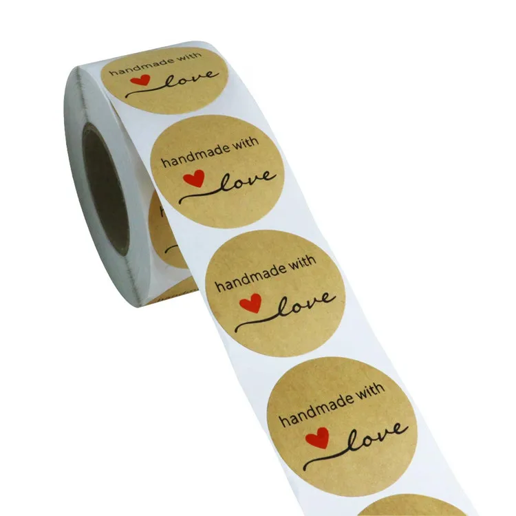 Custom 1.5 Inch Round Natural Kraft Paper Handmade With Love Stickers