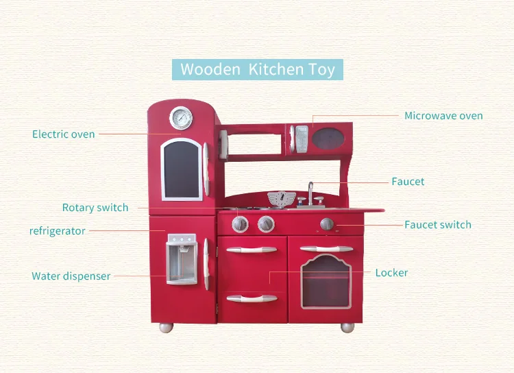 red wooden play kitchen