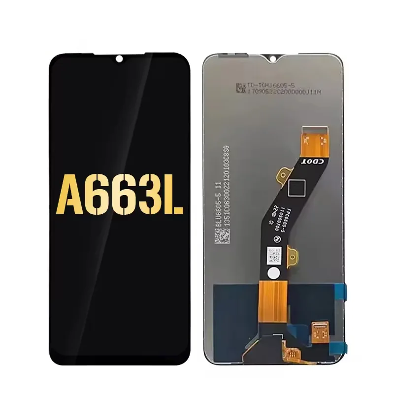 Itel A05s LCD + digitizer combo assembly showing front glass, backlight, and flex cable