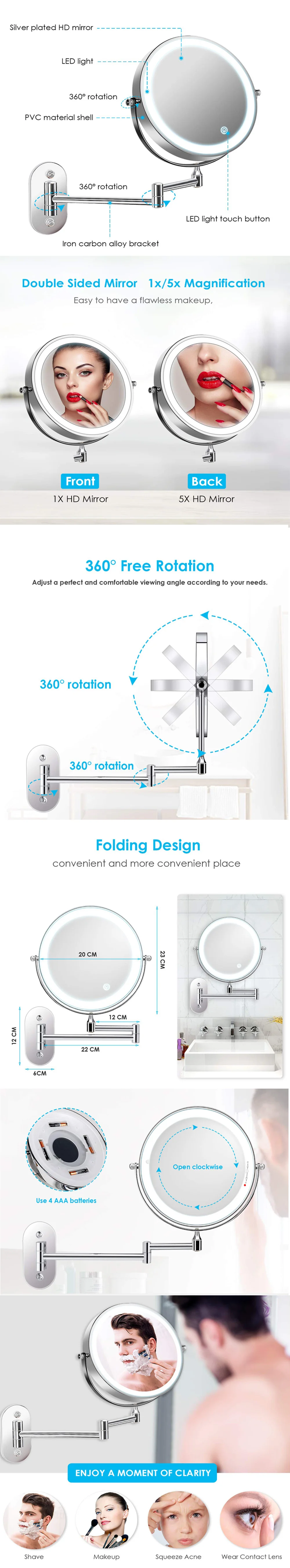 8 Inch Touch Sensor Double Sided Wall Mount Magnifying Mirror 10x Hotel