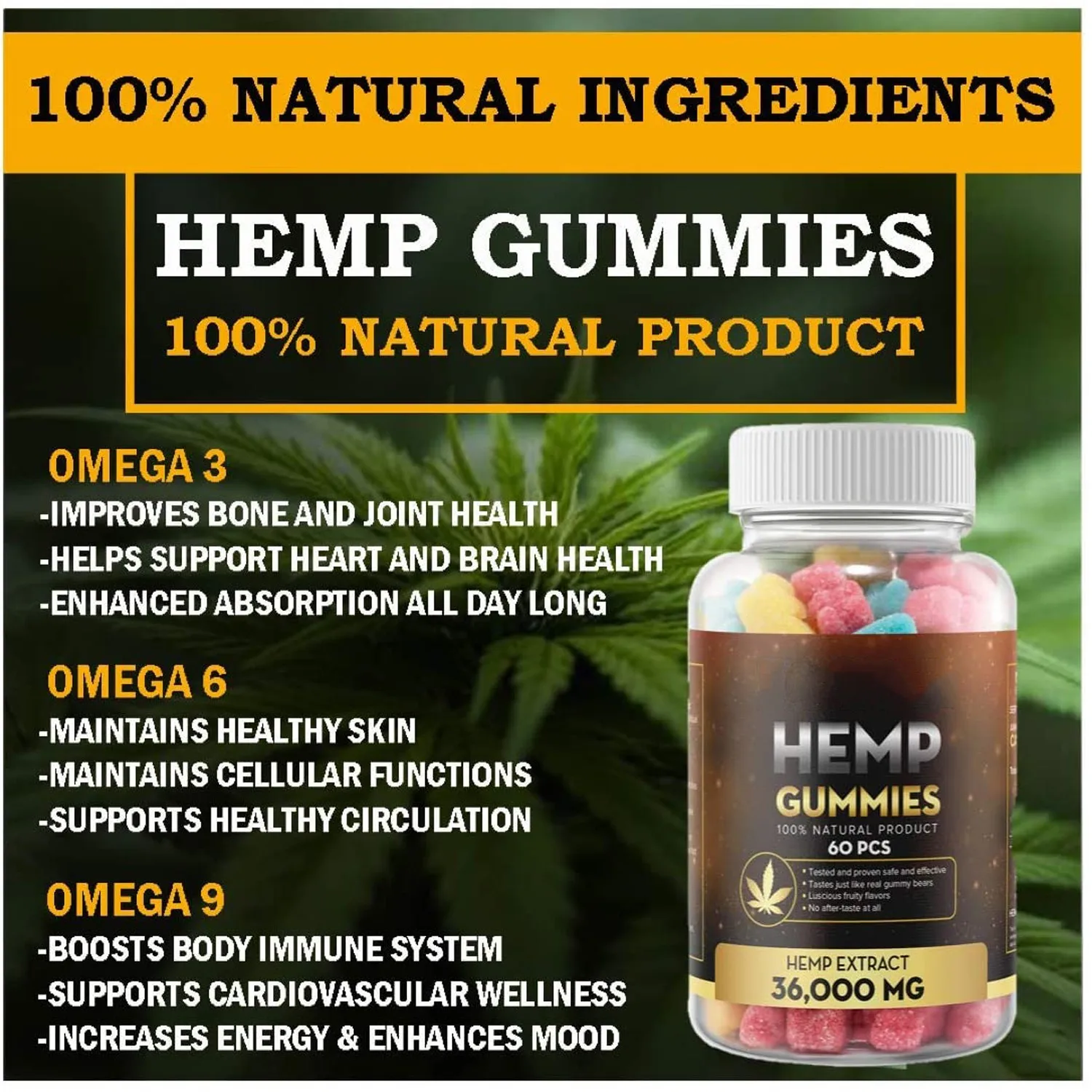 Oem/odm 100 Natural Hemp Gummies Hemp Extract 36000mg Omega 3 6 9