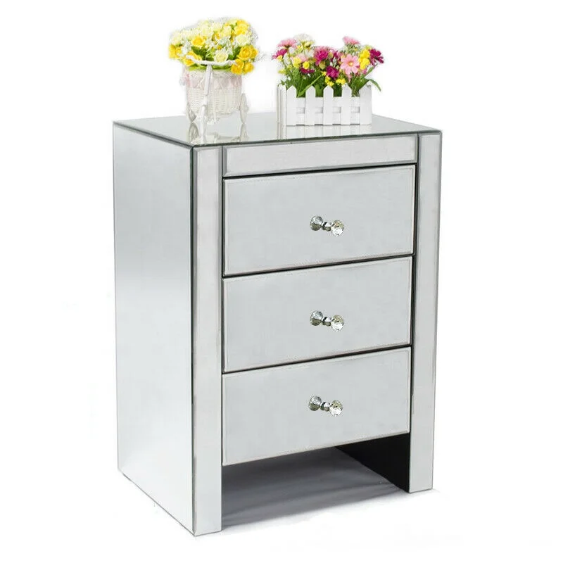 Modern Wood Mirrored Nightstand With 3 Drawer And Crystal Handles Buy