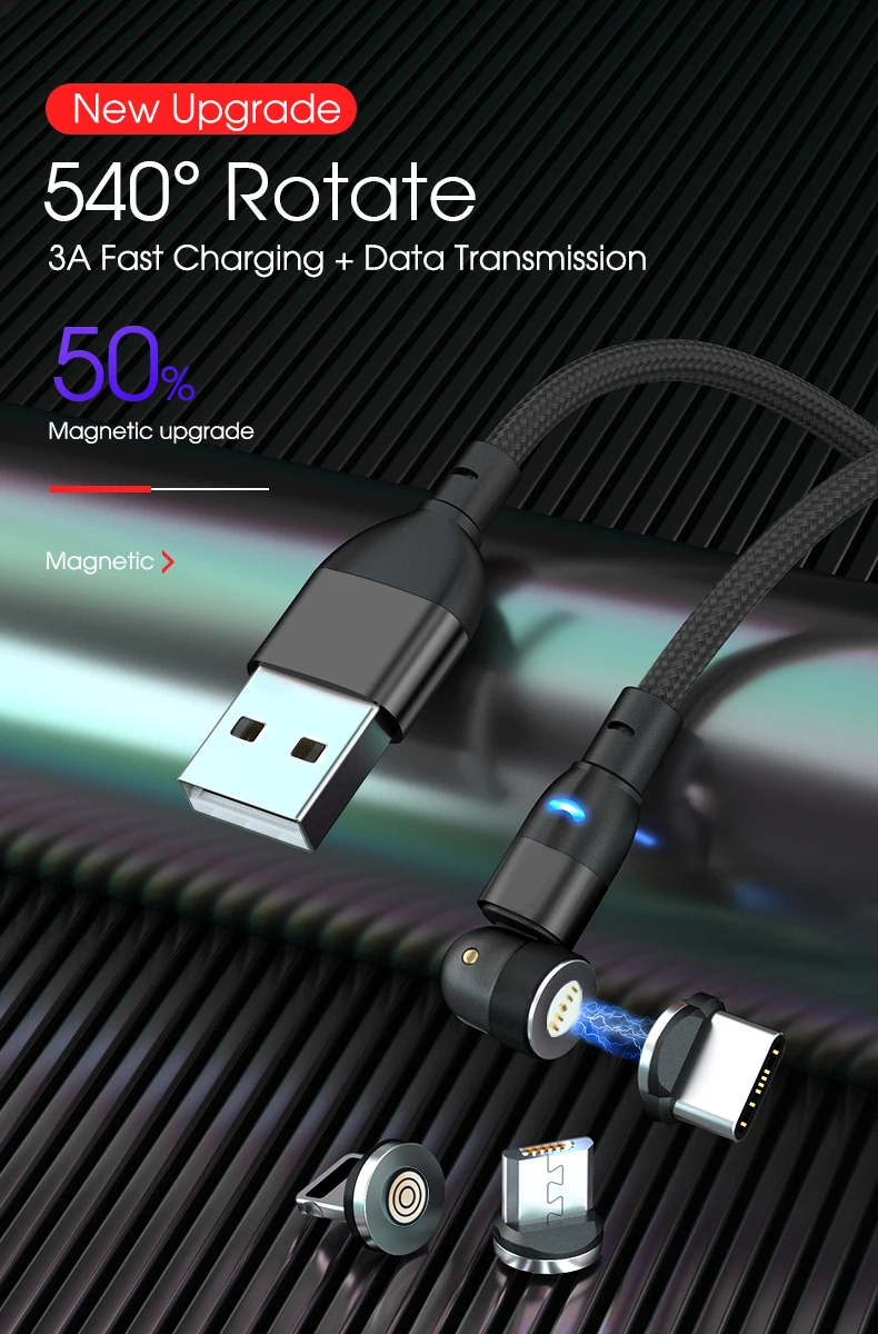 OEM Custom Logo 3 in 1 LED USB Data Cable 3A Magnetic Charging Cable for IOS Android Micro USB Type C Fast Cable - ANKUX.COM
