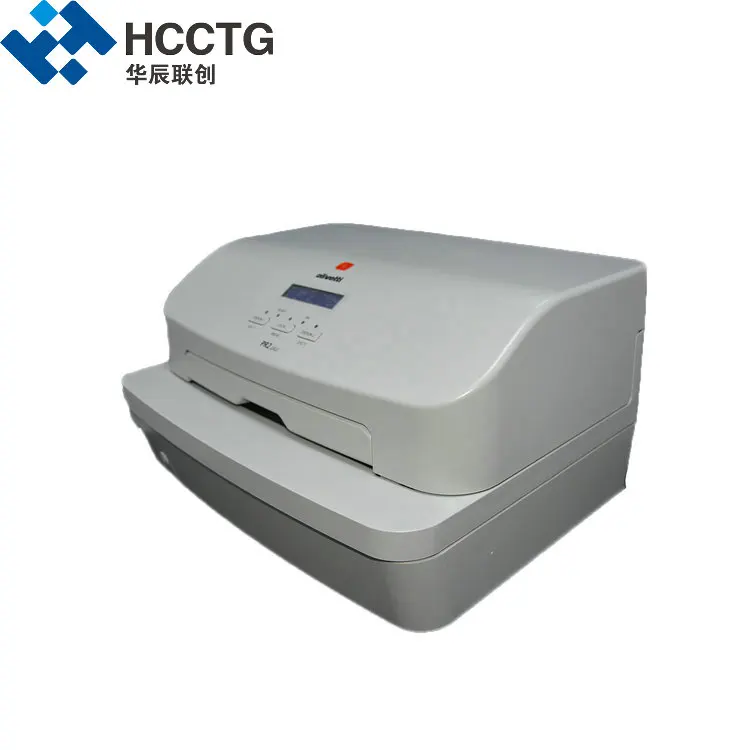 Olivetti PR9 passbook printer mounted in a bank teller station with open passbook