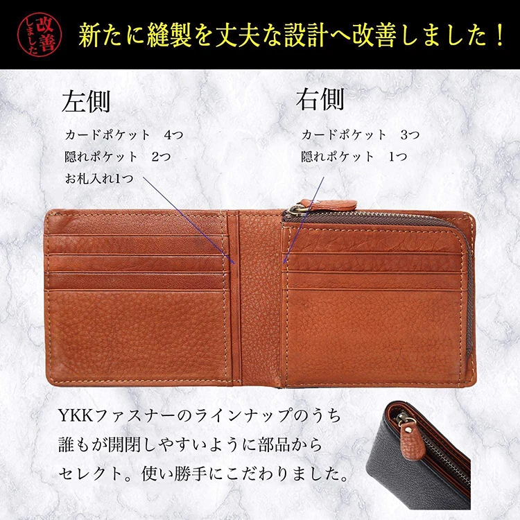 Japanese Style L-Shaped YKK Zipper Coin Pocket Two Folded