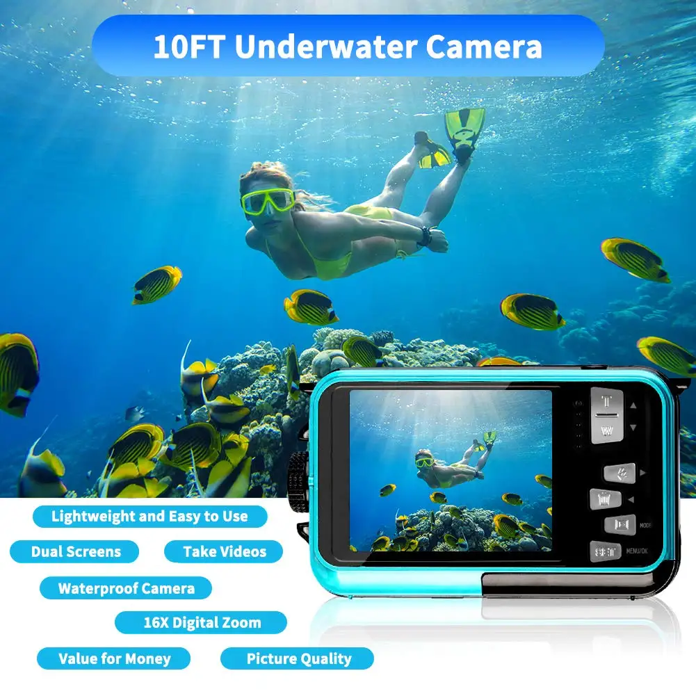 S Underwater Camera Diving 10M Full HD 1080P Waterproof Camera for Snorkeling Selfie Dual Screen Action Camera 24MP Video Recorder Digital Camera 