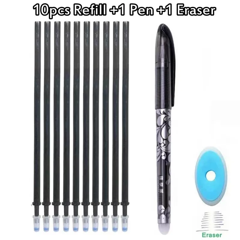 2 Erasable Pens + 10 Refills + 1 Eraser Black & Blue Ink Gel Pen Set 0