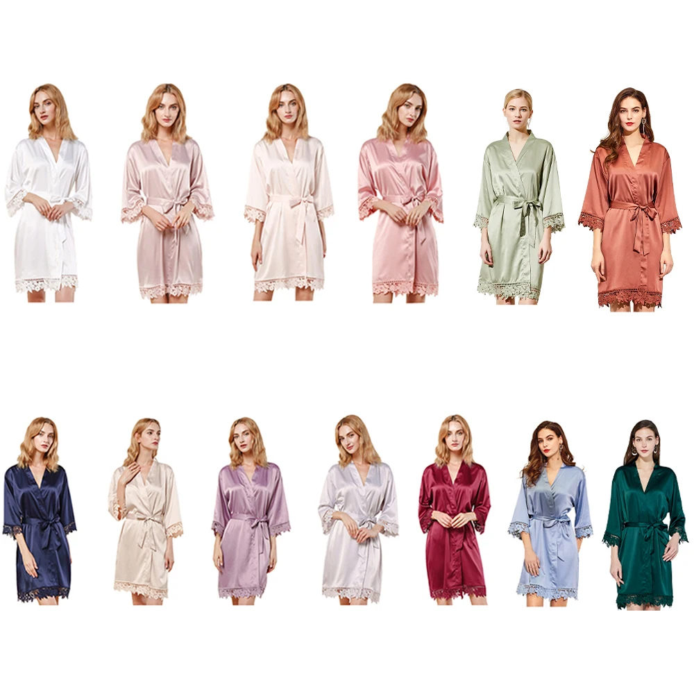 

FUNG 3031 Bridesmaid Gift OEM High Quality Satin Plain Bath Robe with Lace Trim