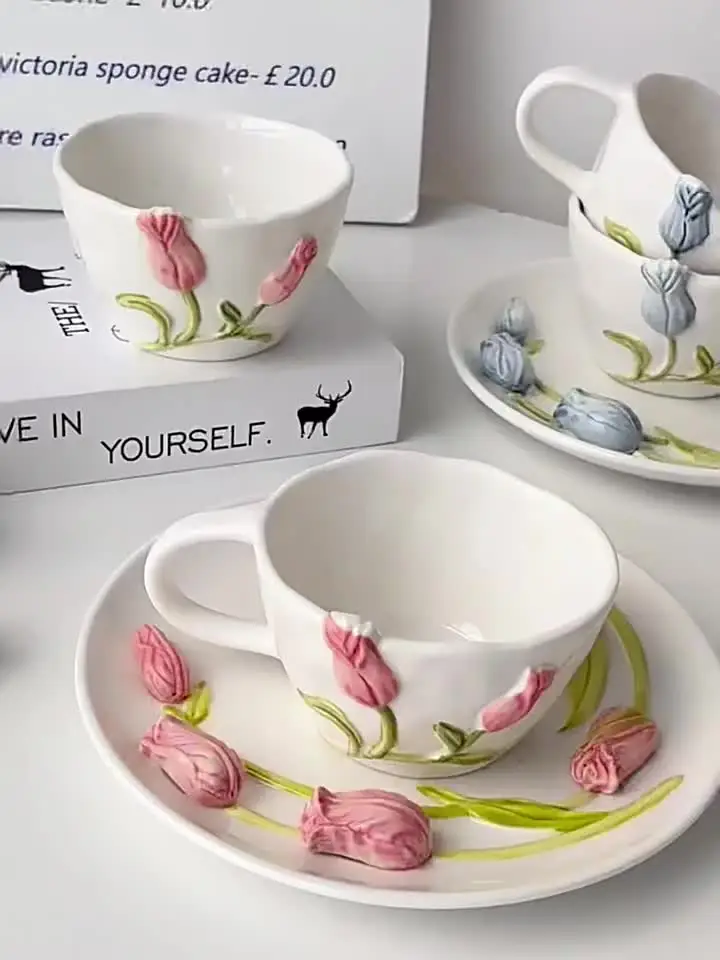 Tulip Cup 3D Embossed Hand-painted Ins Style Ceramic Mugs Coffee Cup Saucer  Ceramic Household Creative Plate Water Cup
