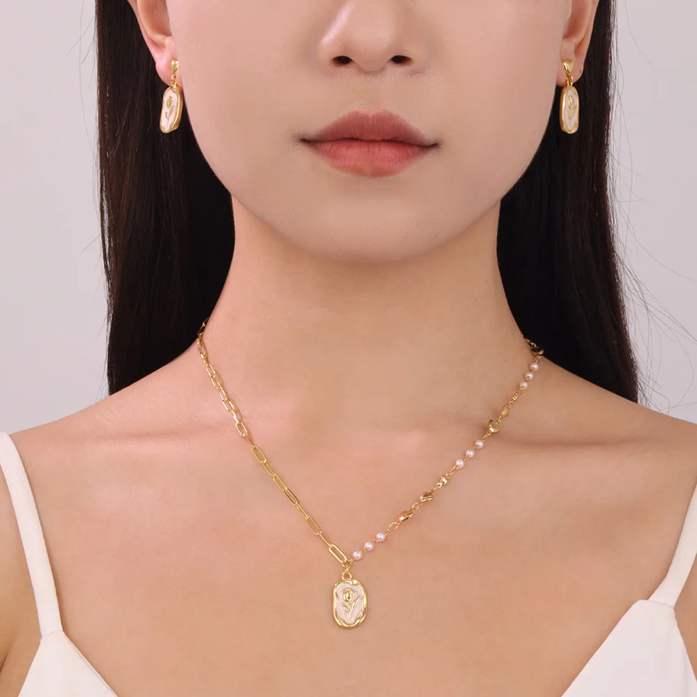 product gold plated  non fading flower earrings heart shaped chain style pearl collar chain womens fashion pendant necklace-4