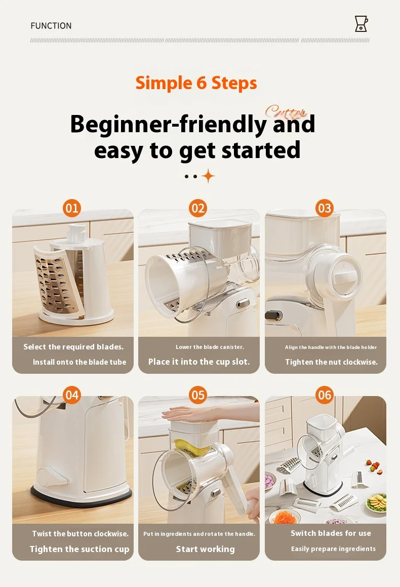 Multifunctional PP Drum Vegetable Slicer Hand-Cranked Fruit/Vegetable Tool with Multiple Blade Heads Safe Usage