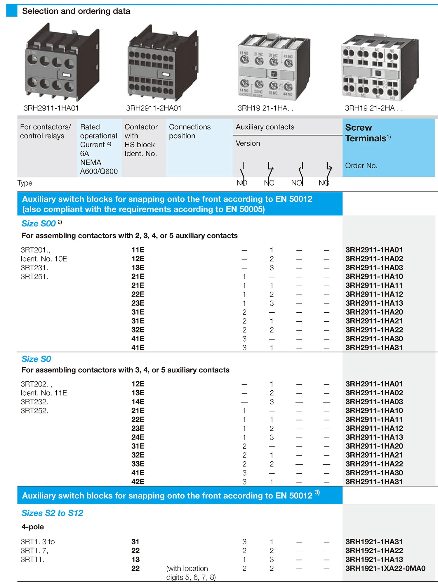 3RH1911 3RH1921 Auxiliary switch block NO NC 2NO 2NC Front Lateral Auxiliary Contacts for 3RT Contactors and 3RH Control Relays