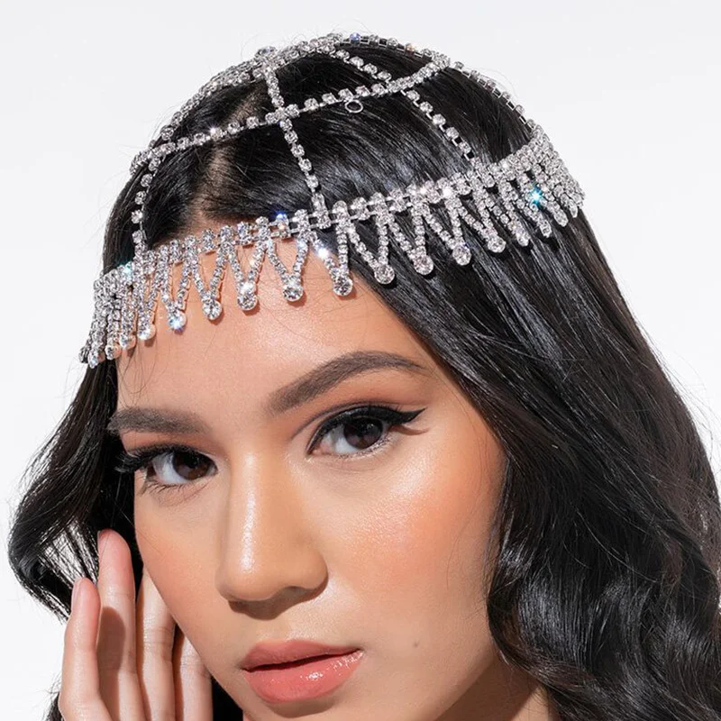 Luxury Crystal Forehead Headpiece Tassel Bridal Head Chain For Women ...