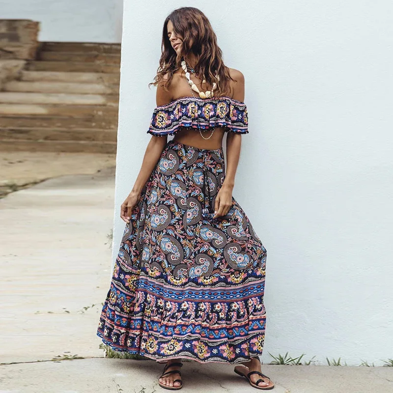 Trendy lady clothing off shoulder beach summer maxi floral dress boho bohemian women casual nude ruffle dresses