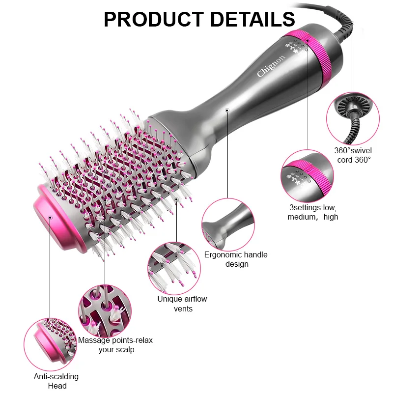 1000W Hair Dryer Professional One Step Electric Ion Blow Hair Dryer Brush