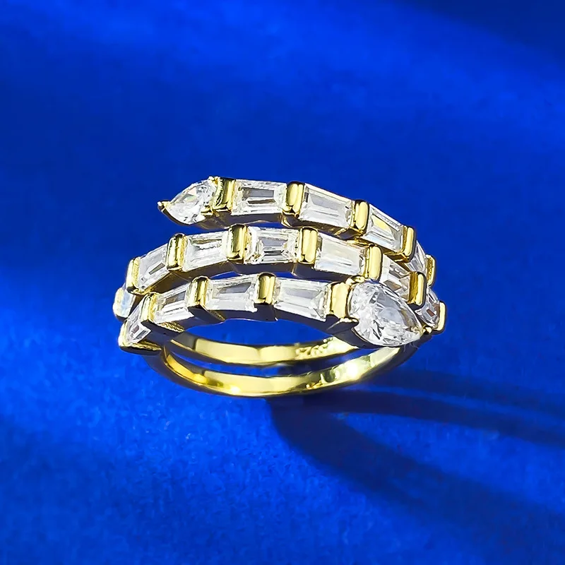 S925 Silver Snake-Shape Ring with Lab Diamond and Pearl Gold Plated Religious Trendy Jewelry for Women for Engagement