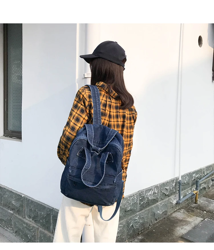Fashionable Simple High Quality Solid Color Denim College School Bags Trendy Girls Backpack