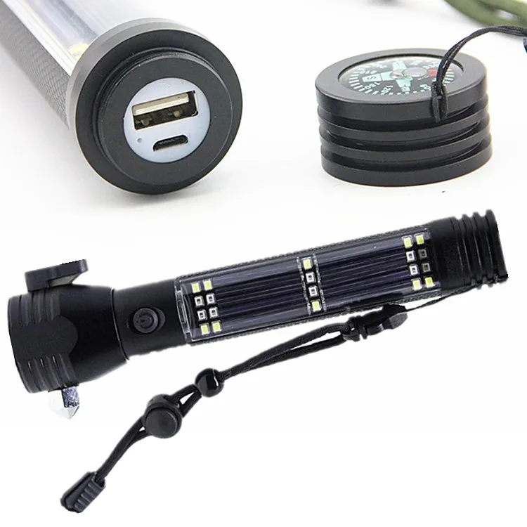 Amazon hot sale USB Rechargeable Solar Torch Light,Self defence Escape rescue Car Broken Windows Solar Powered Led Flashlight