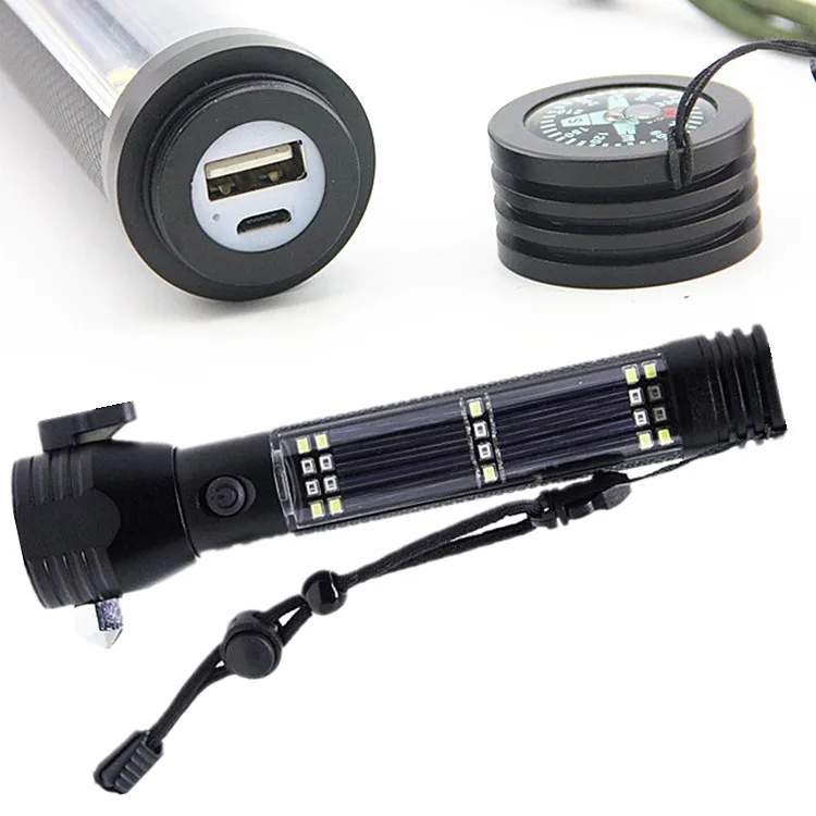 Amazon hot selling USB Rechargeable Solar Torch Light,Self-defence Car Broken Windows Solar Powered Led Flashlight