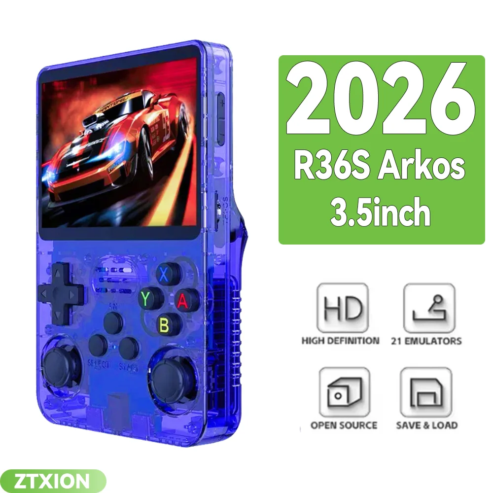 R36S handheld console front view showing 3.5-inch IPS screen and D-pad layout