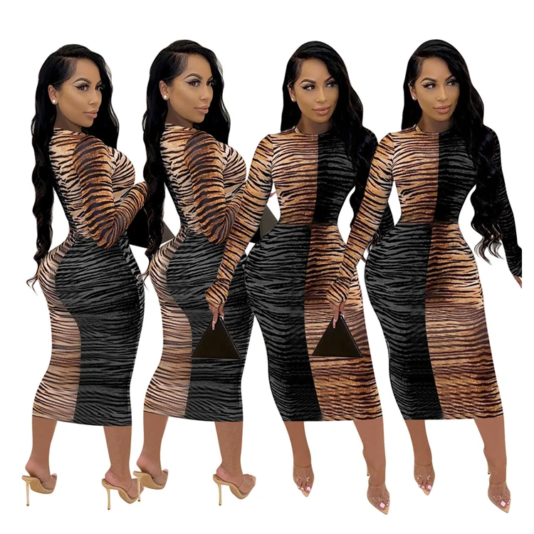 Good Design Wholesale Leopard Long Sleeve Autumn Clothes Womens clothing Women Dress Casual Long Maxi Dresses