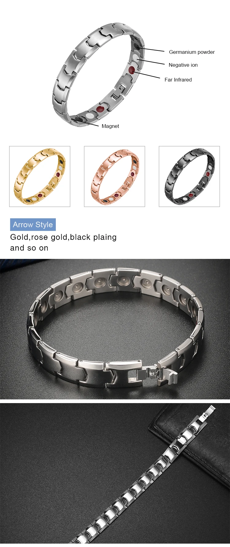 Fast Delivery Men's Health Titanium Bio Energy PVD Gold Plated Arrow Bracelet