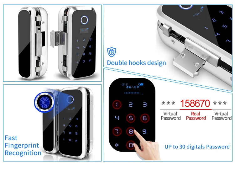Fingerprint Glass Door Lock,Smart Digital Electronic Lock with Time Attendance & Access Control Function