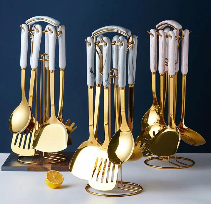 New Utensil Set Kitchen Cooking Tools Set With Stand Rack Shiny Gold