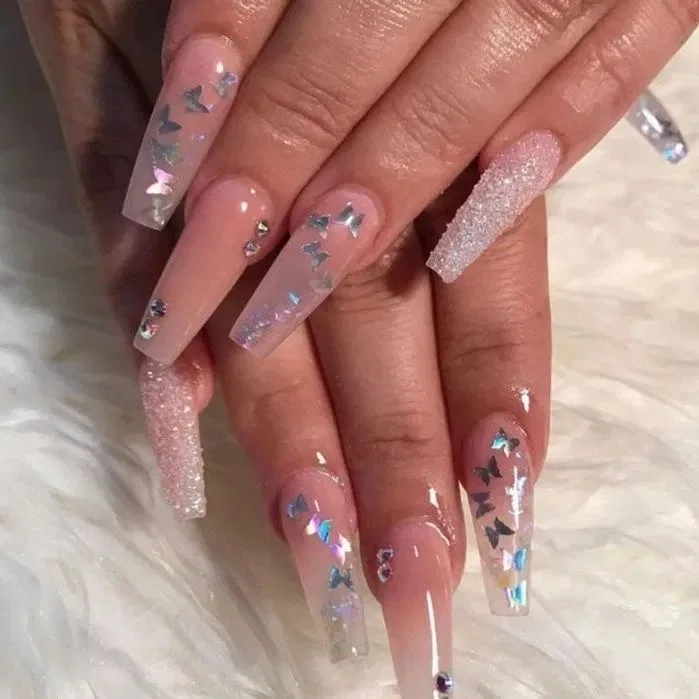 Top Fashion Trend Finest Reusable Factory Supply Manicure Luxury Butterfly Gild Coffin Ballerina Press On False Stick On Nails