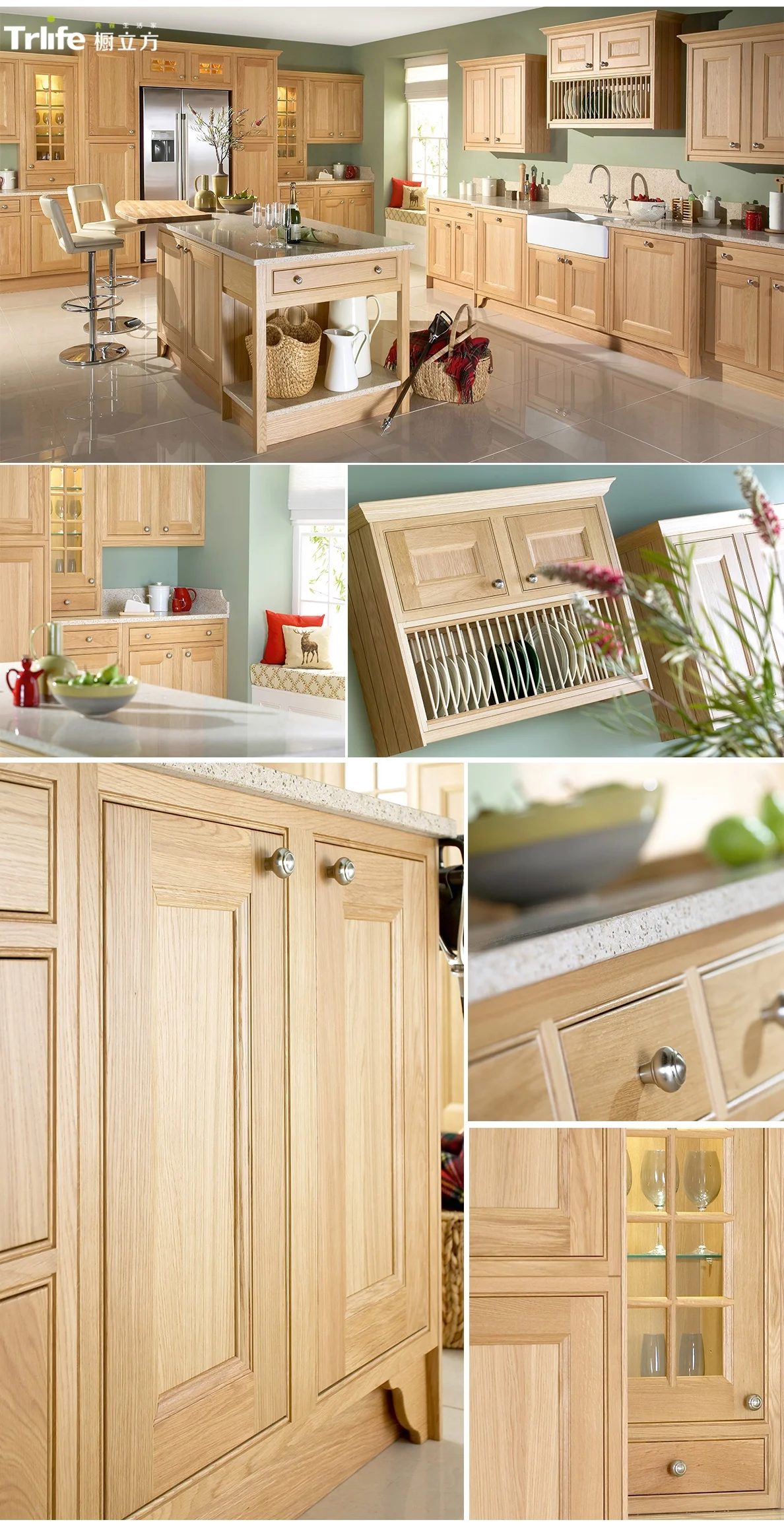 Wood color small fresh pure solid wood Artificial Quartz countertop kitchen cabinet