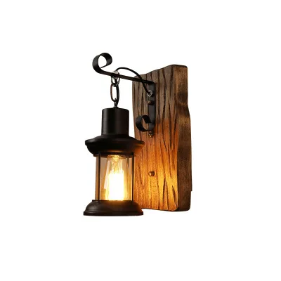 Wood Backplate Retro Industrial Cottage Style Metal Clear Glass Lantern Wall Light