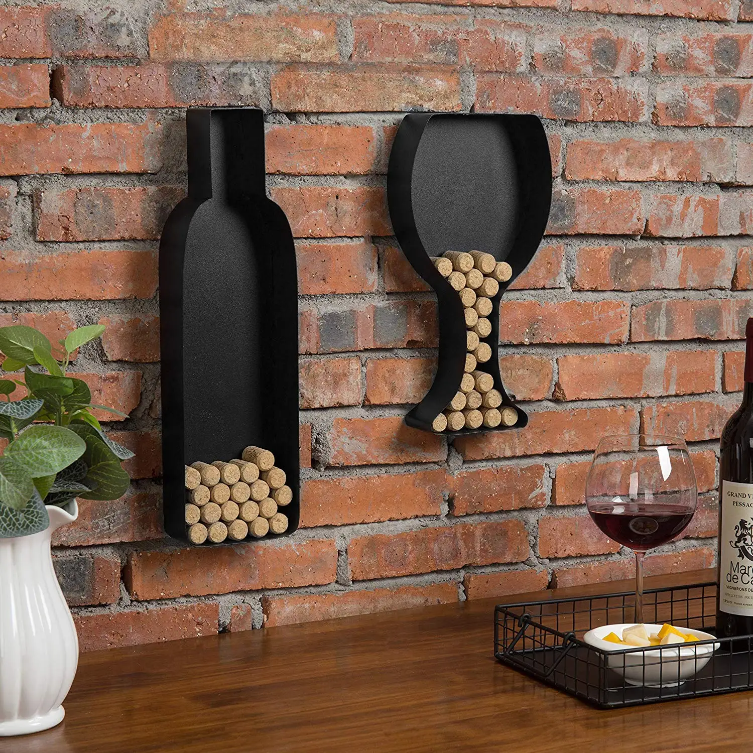 EPG-Life Metal Wine Rack Wall Mounted with Wine Cork Holder and Glass Holder Black 