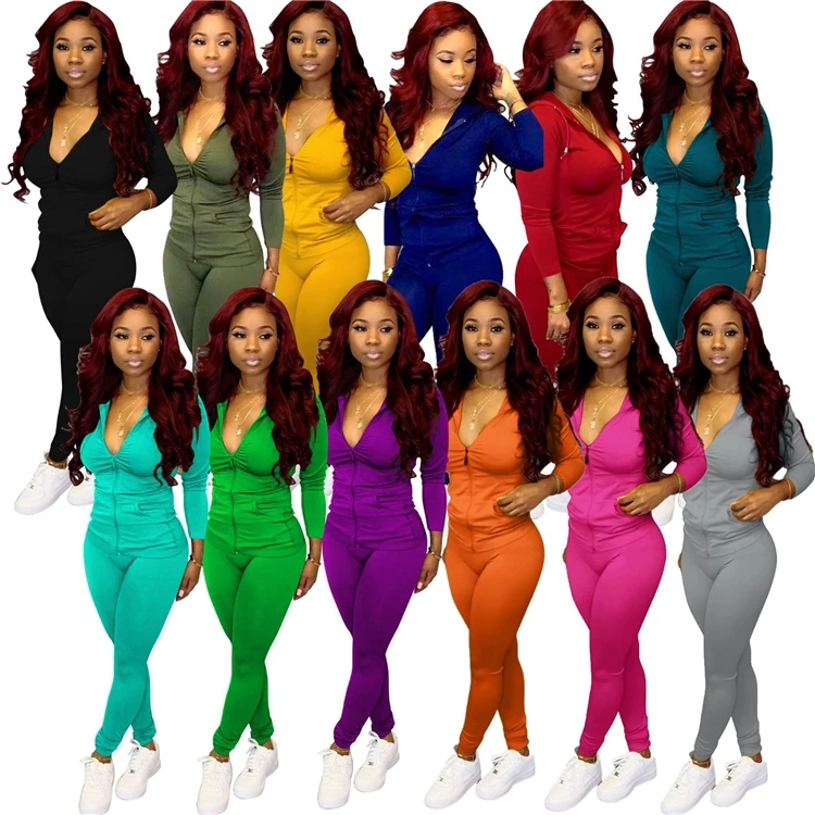 Casual Ladies 2 Pcs Solid Color Hooded Bodycon Yoga Wear Clothing Two Piece Autumn Women Tracksuit Set