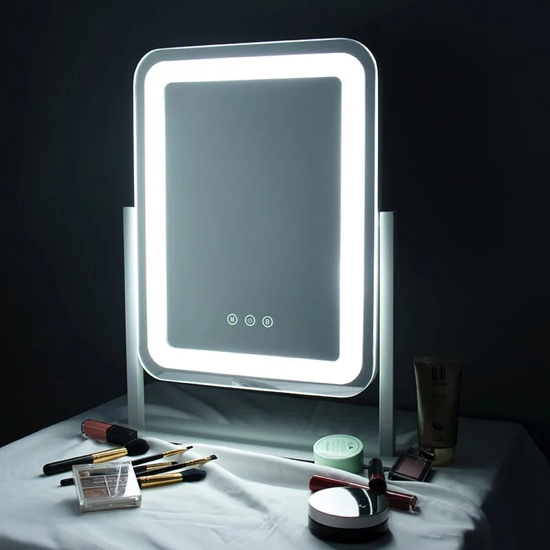 Hollywood LED Vanity Mirror Light Circle Style 360 Degree Rotation Desktop Makeup Table Glass Metal Finish Square Touch Silicone