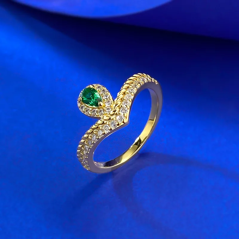 Fresh S925 Silver Simulated Emerald 5*3mm Pear Shaped Inlay Ring with Lab Diamond Gemstone
