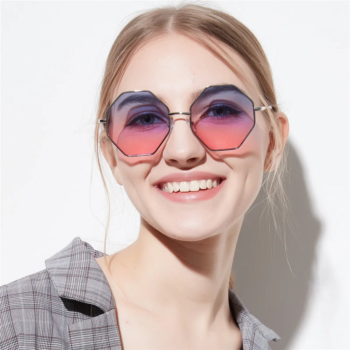Hexagon Pink Sunglasses Trendy Polygon Sun Glasses UV400 Protective Women main image 3
