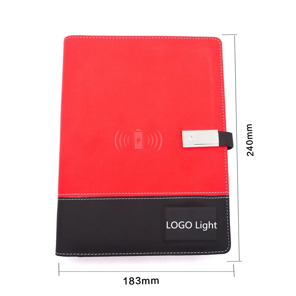 Good quality Customized LED light 16G USB flash drive notebook with logo wireless charging agenda notebook with Powerbank