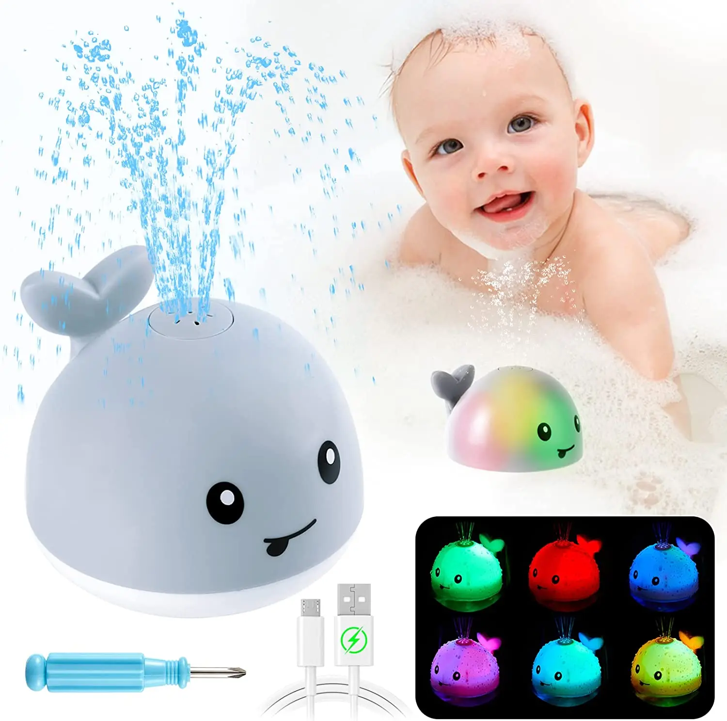 2023 Upgrade Rechargeable Whale Baby Automatic Bath Toys Gifts Light Up ...