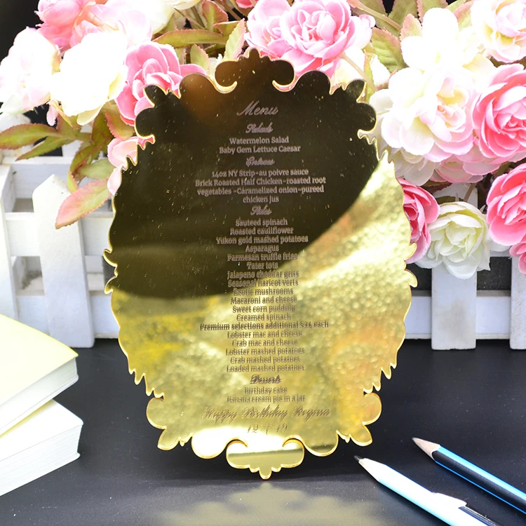 Gold mirror acrylic printed wedding invitation menu card