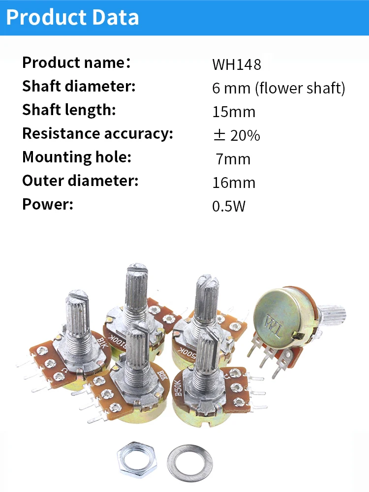 3-pin Single Switch Potentiometer with 15mm Handle WH148 B200K