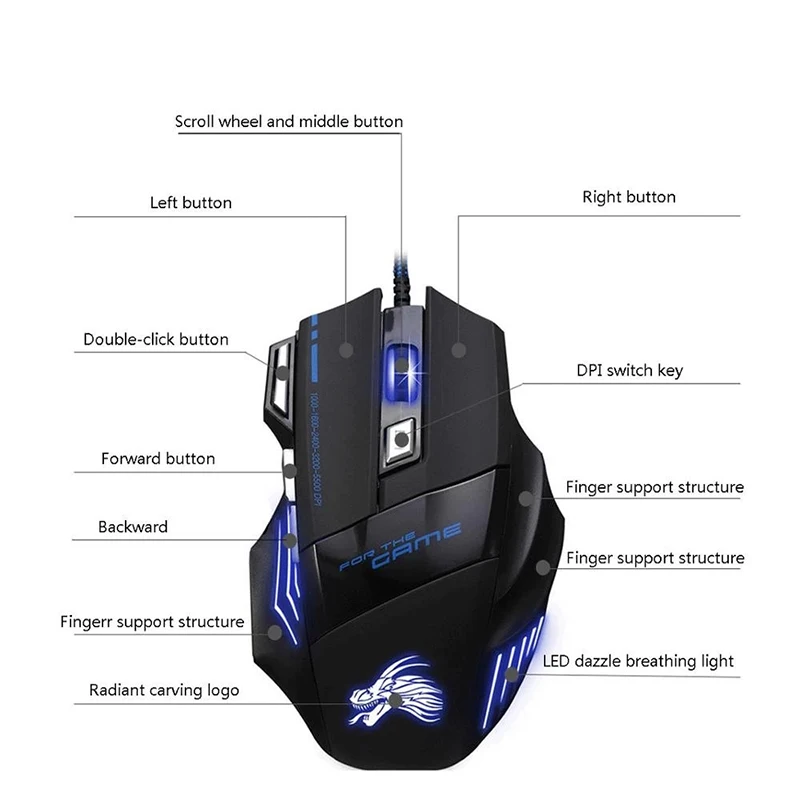 New Fashion RGB 5500DPI USB Wired Computer Mouse Seven Buttons Optical Gaming Mouse