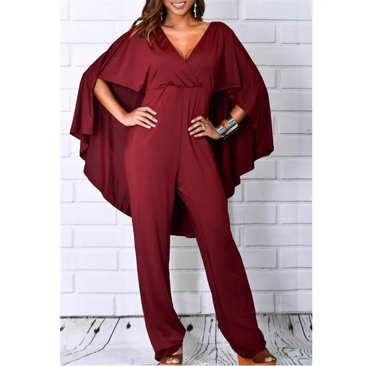 2019 Factory Price Women Sexy V-Neck Plain Color Cape Jumpsuit Women Jumpsuits And Rompers