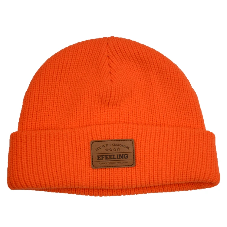 Wholesale Fisherman Leather Patch Logo Beanies Hat,Toque 100% Acrylic ...