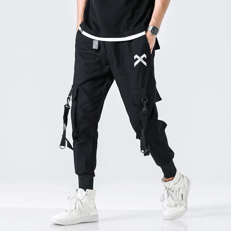 High Quality Track Hipster Trousers 8 Pocket Cargo Black Ribbon Pants ...