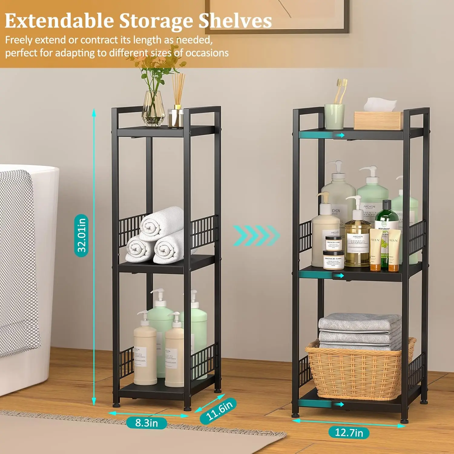 3-Tier Expandable Free-Standing Modern Metal Shelving Unit
